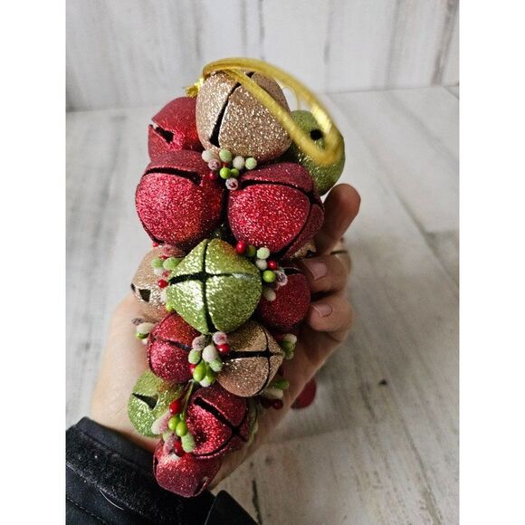 Large bell glitter red green sparkle unique decor ornament Xmas tree - Picture 5 of 7